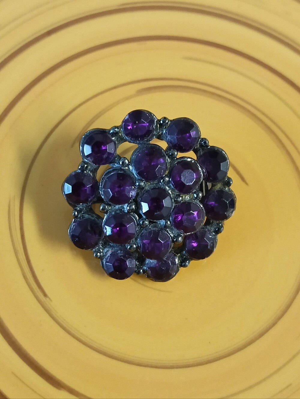 Vintage Amethyst Crystal Gunmetal Flower Brooch (1”)
